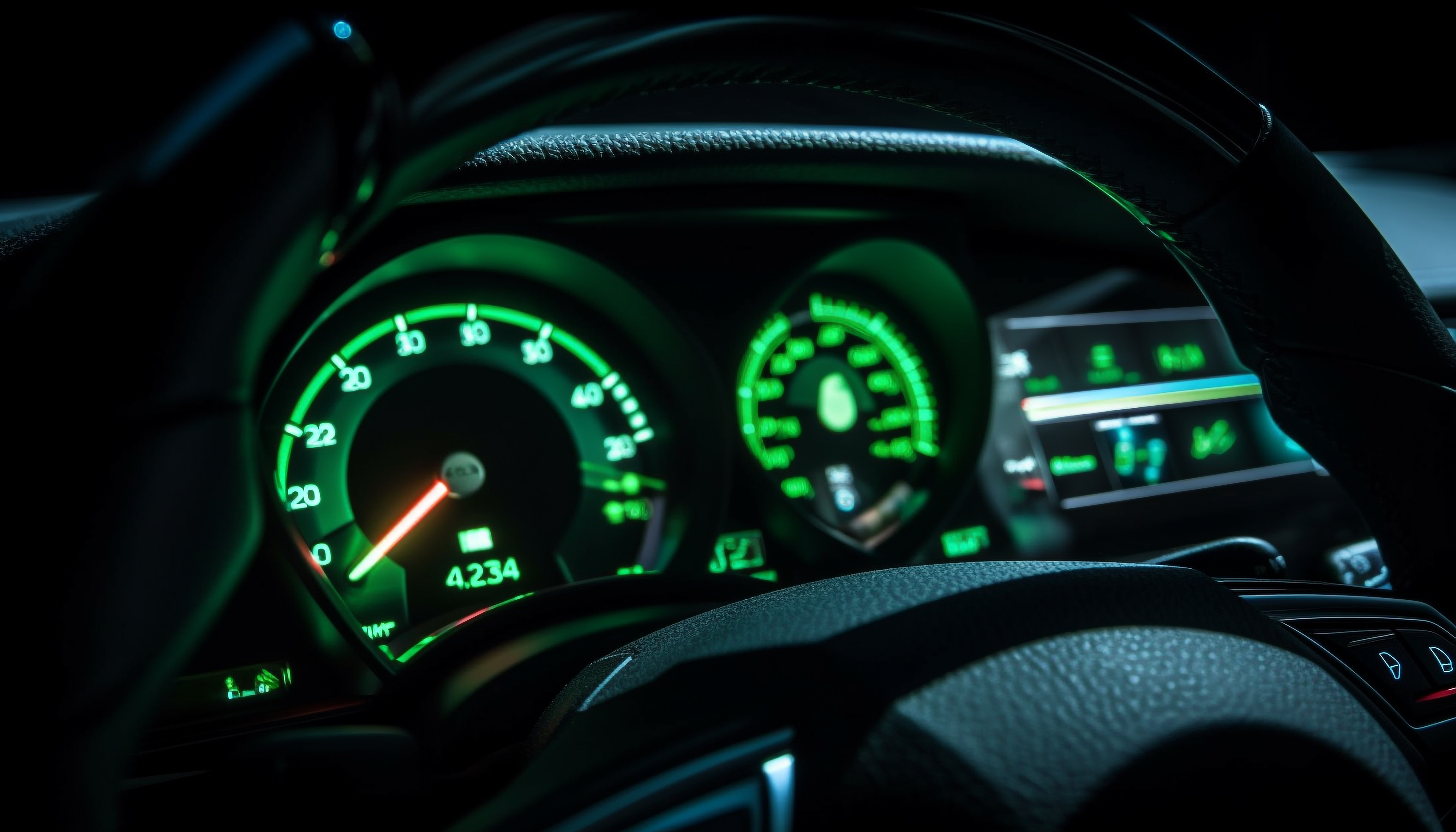 Glowing dashboard illuminates the luxurious sports car generated by AI Glowing dashboard illuminates the luxurious sports car generated by AI